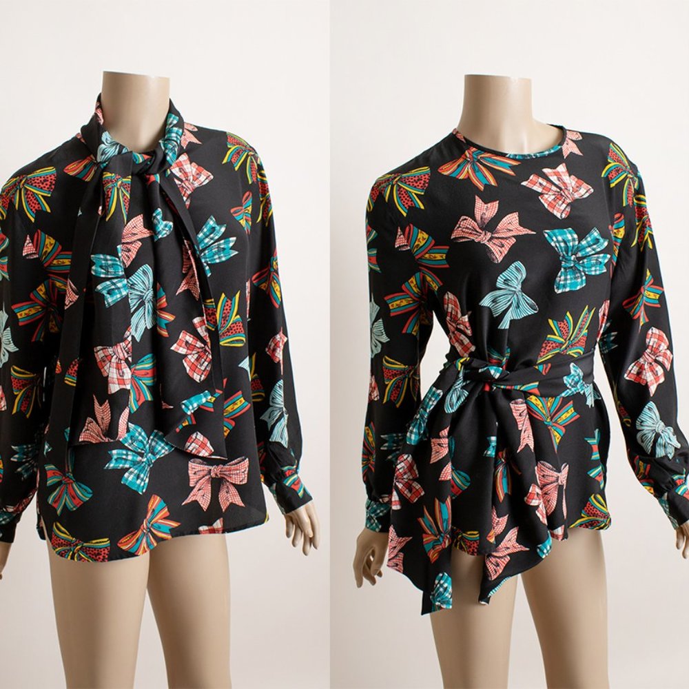 Black Rainbow Novelty Bow Print Blouse with Sash Tie vintage style